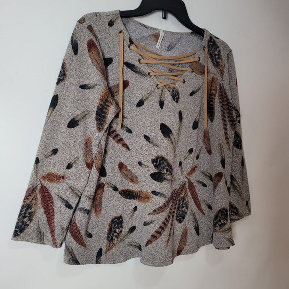 Coco Kelly - Feather Print Gray Long Top W/Tan Lace-Up Neck & Elbow Patches - Picture 6 of 11